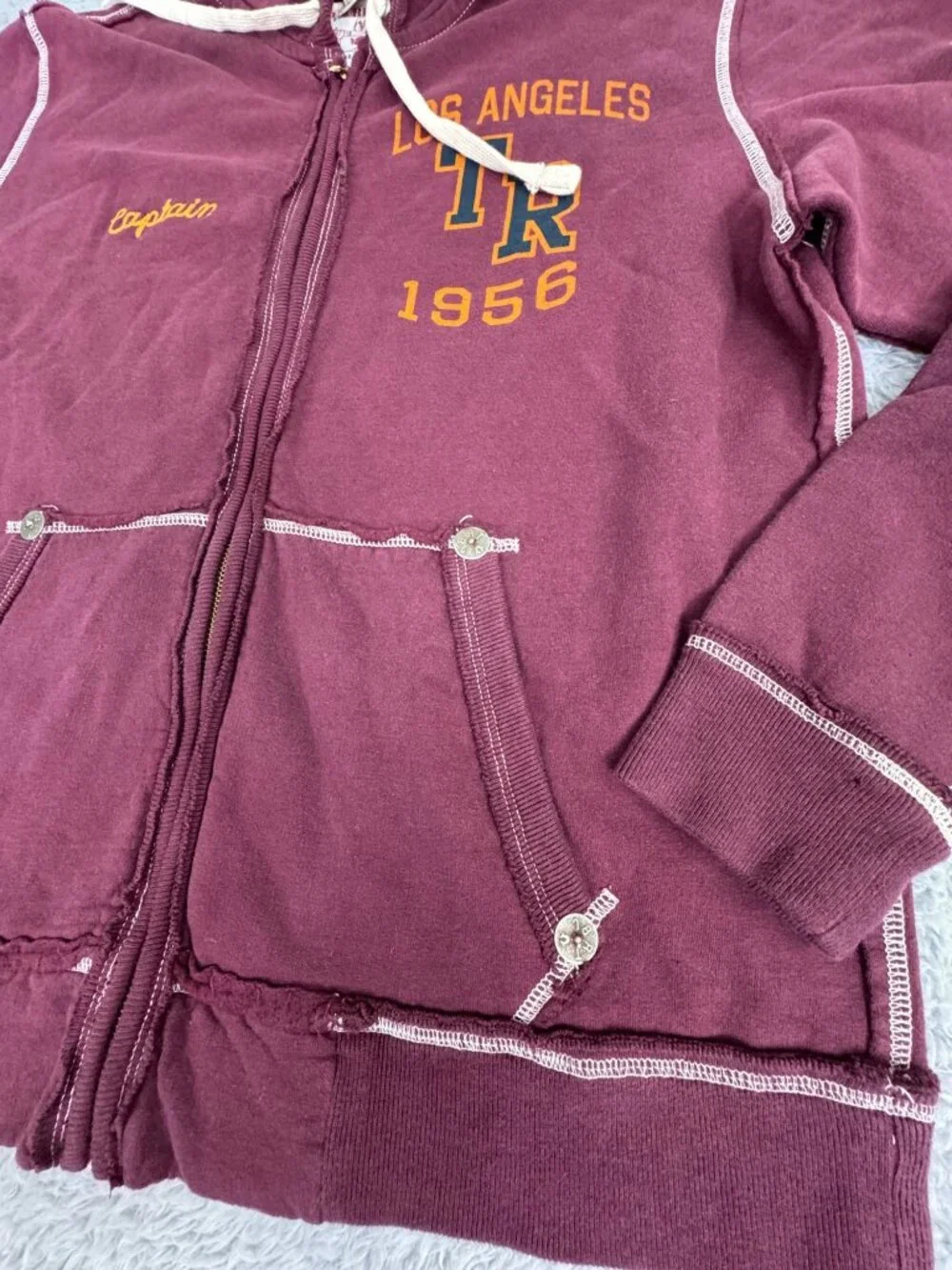 True Religion Maroon Hoodie Jacket Mens XXL Los Angeles 1956 Captains Retro